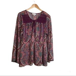 Love Fire Boho Top Size L Crochet Lace Overlay Wine Paisley Print Long Sleeves